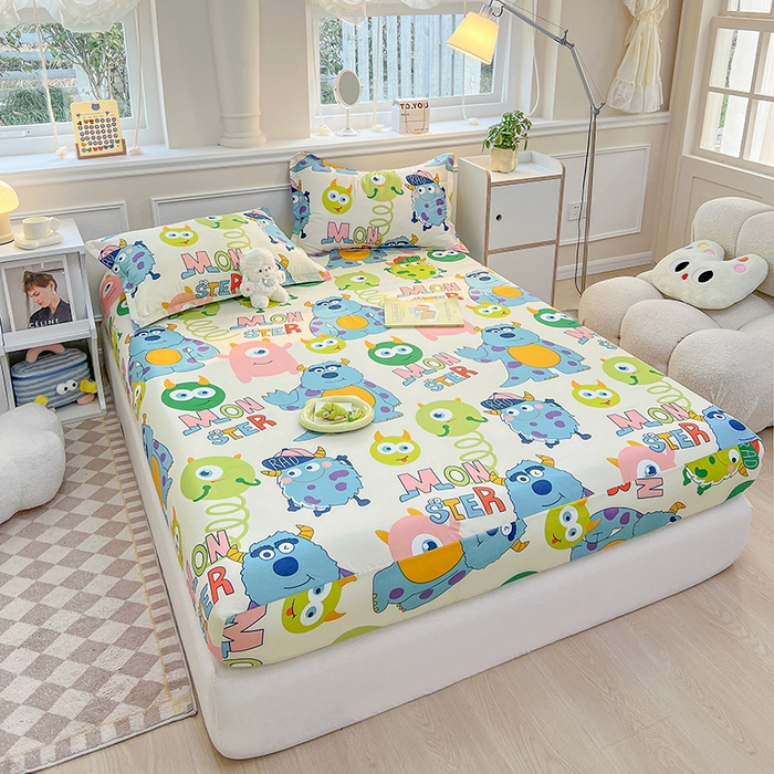 91家纺网 家纺一手货源 找家纺 馨乐家纺 2025新款亲肤舒适芦荟棉单床笠 怪兽大学