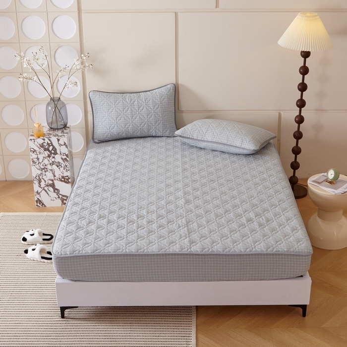 91家纺网 家纺一手货源 找家纺 杜先生 2024新款无印风水洗棉夹棉床笠 浅绿小格