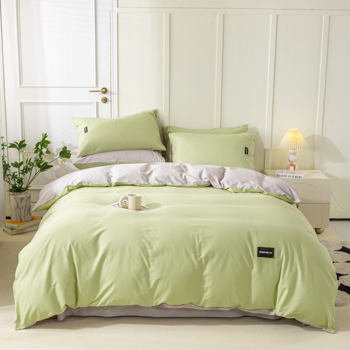 91家纺网 家纺一手货源 找家纺 黑马家居 2024新款双拼全棉四件套 豆绿+浅灰