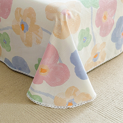 91家纺网 家纺一手货源 找家纺 萌宝老粗布毛绒玩具 2025新款原棉老粗布印花床单系列细纱帆布软凉席三枚段条花边款 浪漫花语