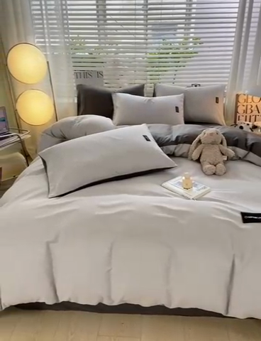 91家纺网 家纺一手货源 找家纺 黑马家居 2024新款双拼全棉四件套 浅灰+高级灰