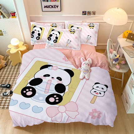 博睿杰家纺 2024新款卡通可爱熊猫床上全棉四件套床单床笠款学生宿舍单人纯棉被套床品 拍照熊猫