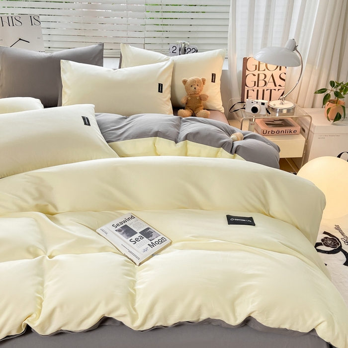 91家纺网 家纺一手货源 找家纺 黑马家居 2024新款双拼全棉四件套 奶白+中灰