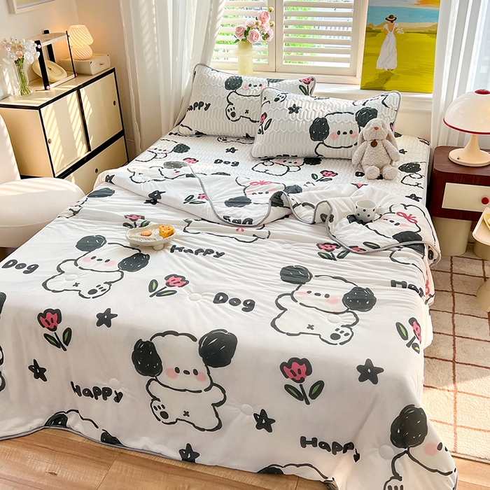 91家纺网 家纺一手货源 找家纺 慕澄家纺 2024新款小版印花0.5乳胶凉席夏被四件套 快乐小狗