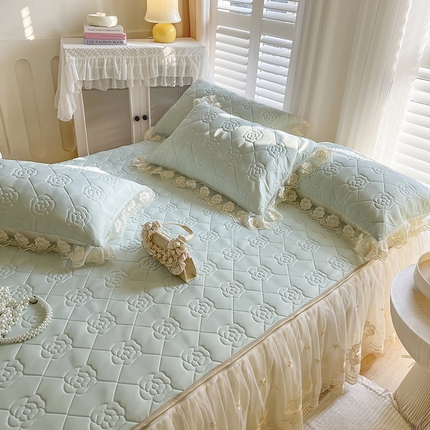 网红馆 2025新款凉感丝乳胶凉席夏被四件套床裙款 白蓝