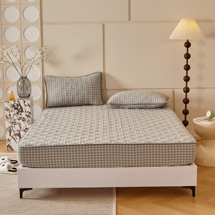 91家纺网 家纺一手货源 找家纺 杜先生 2024新款无印风水洗棉夹棉床笠 绿小格