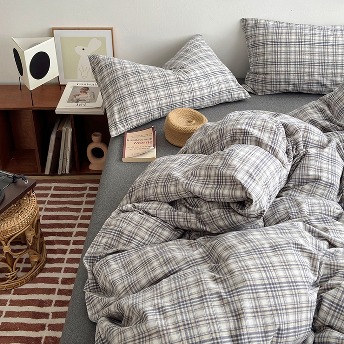 91家纺网 家纺一手货源 找家纺 水洗的故事 2024新款无印良品水洗棉四件套  灰线格