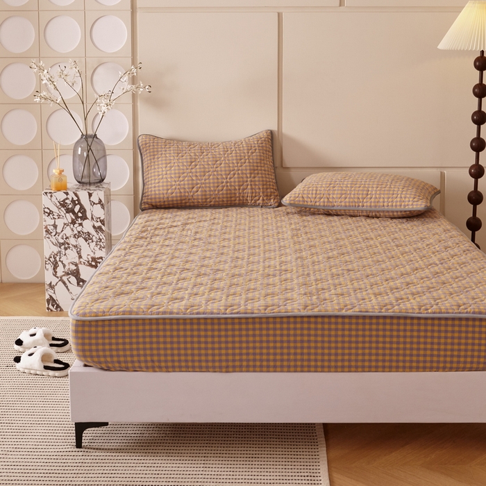 91家纺网 家纺一手货源 找家纺 杜先生 2024新款无印风水洗棉夹棉床笠 橘小格