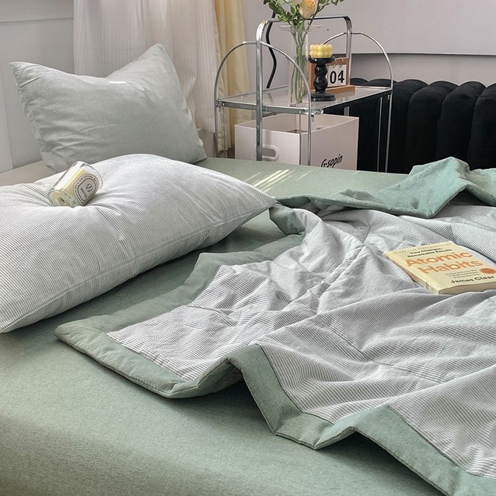 91家纺网 家纺一手货源 找家纺 水洗的故事2025新款A类色织水洗棉丝夏被四件套系列 密条绿