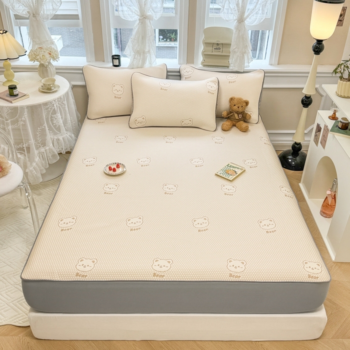 91家纺网 家纺一手货源 找家纺 全季家居 2024新款5A速冷PE小动物系列凉豆豆席 小熊-卡其-床笠款