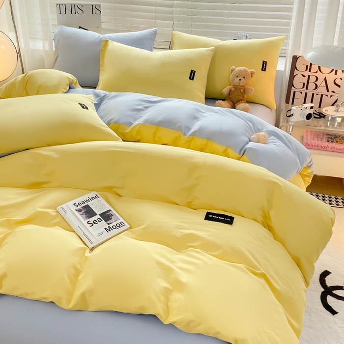 91家纺网 家纺一手货源 找家纺 黑马家居 2024新款双拼全棉四件套 黄+天蓝