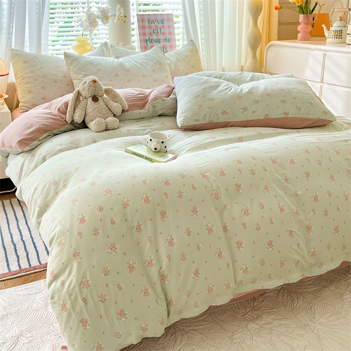 91家纺网 家纺一手货源 找家纺 多品 2024新款水洗棉双层纱四件套 半夏