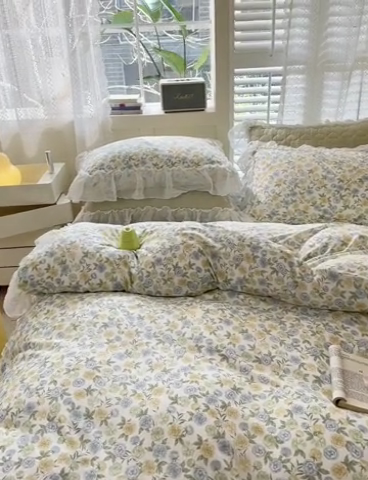 91家纺网 家纺一手货源 找家纺 淑女公社 2024春夏新款竹棉双层纱床裙款四件套-玫瑰庄园 玫瑰庄园 绿