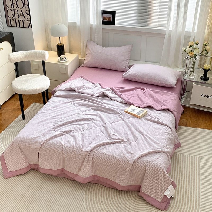 91家纺网 家纺一手货源 找家纺 水洗的故事2025新款A类色织水洗棉丝夏被四件套系列 小格紫