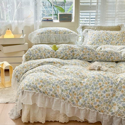 91家纺网 家纺一手货源 找家纺 （总）淑女公社 2024春夏新款竹棉双层纱床裙款四件套-玫瑰庄园