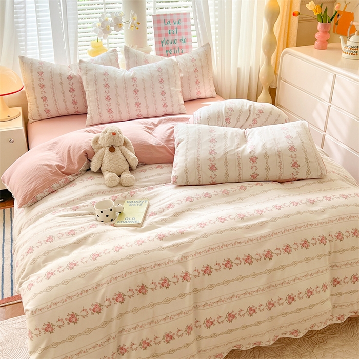 91家纺网 家纺一手货源 找家纺 多品 2024新款水洗棉双层纱四件套 白薇