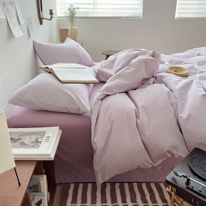 91家纺网 家纺一手货源 找家纺 水洗的故事 2024新款无印良品水洗棉四件套  小小格紫