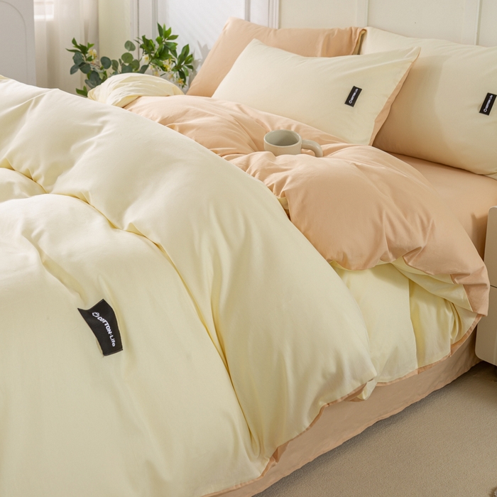 91家纺网 家纺一手货源 找家纺 黑马家居 2024新款双拼全棉四件套 奶白+香槟金