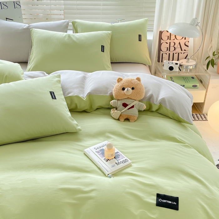 91家纺网 家纺一手货源 找家纺 黑马家居 2024新款双拼全棉四件套 豆绿+浅灰