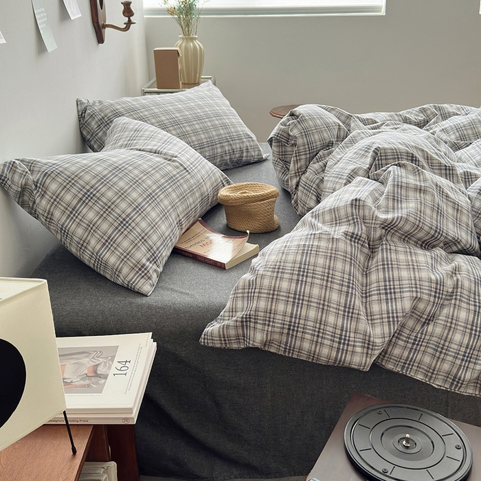 91家纺网 家纺一手货源 找家纺 水洗的故事 2024新款无印良品水洗棉四件套  灰线格