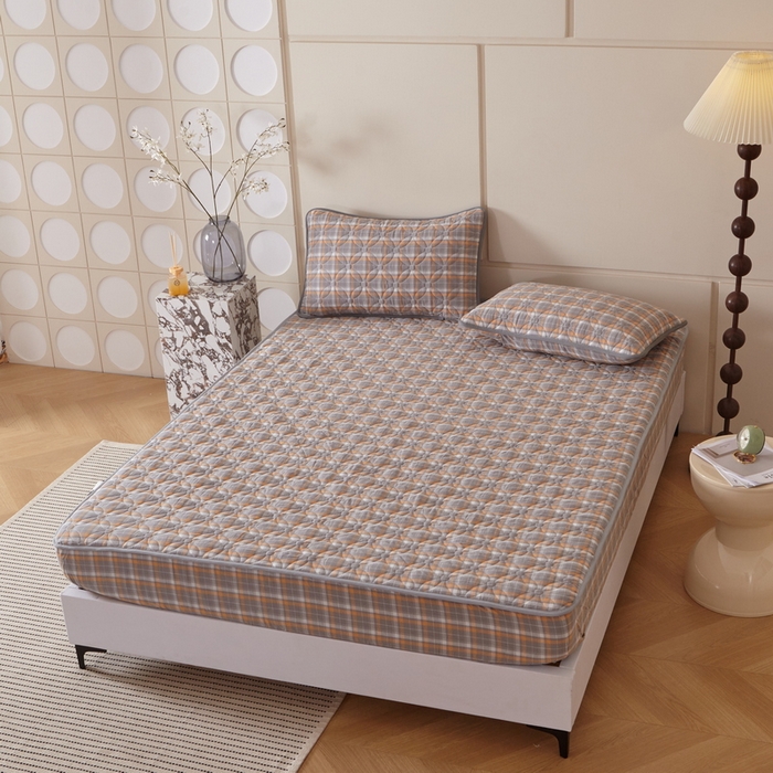 91家纺网 家纺一手货源 找家纺 杜先生 2024新款无印风水洗棉夹棉床笠 橙灰格