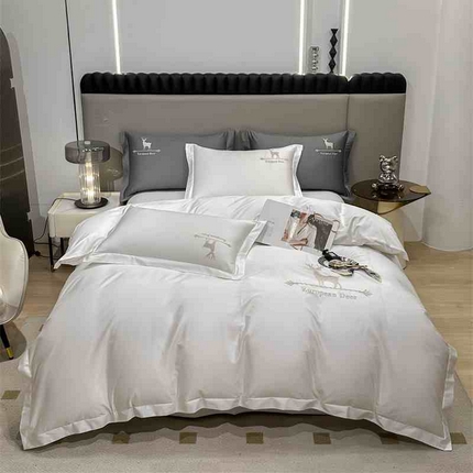 91家纺网 家纺一手货源 找家纺 莱阁亿 2025新款高支高密纯棉四件套-一鹿有你 白色