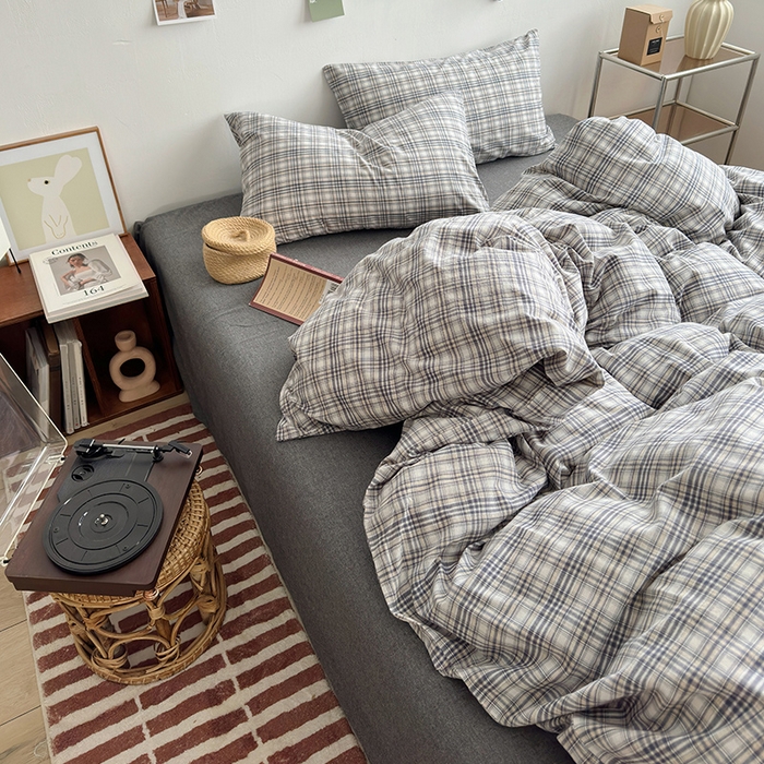 91家纺网 家纺一手货源 找家纺 水洗的故事 2024新款无印良品水洗棉四件套  灰线格