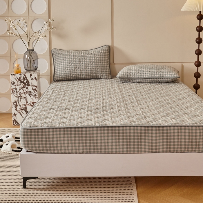 91家纺网 家纺一手货源 找家纺 杜先生 2024新款无印风水洗棉夹棉床笠 绿小格