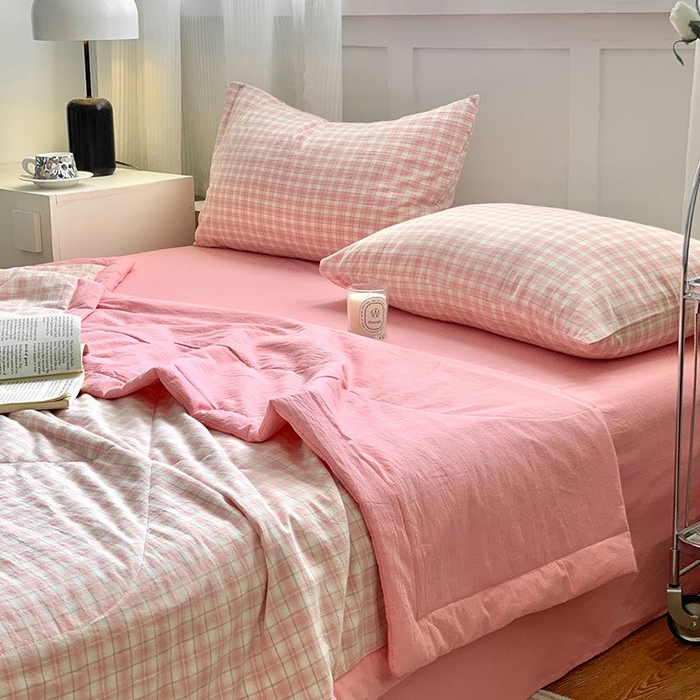 91家纺网 家纺一手货源 找家纺 水洗的故事2025新款A类色织水洗棉丝夏被四件套系列 春桃格