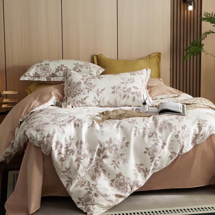 91家纺网 家纺一手货源 找家纺 怡家居 2024新款100支长绒棉印花四件套 花菲语-粉