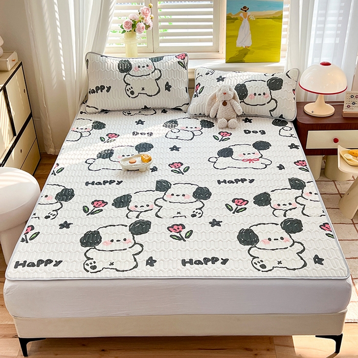 91家纺网 家纺一手货源 找家纺 慕澄家纺 2024新款小版印花0.5乳胶凉席系列 快乐小狗