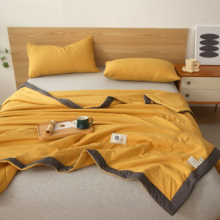 91家纺网 家纺一手货源 找家纺 猎鹿人家纺 2024新款纯色水洗棉纱棉花夏被 栀子黄