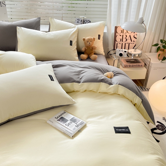 91家纺网 家纺一手货源 找家纺 黑马家居 2024新款双拼全棉四件套 奶白+中灰