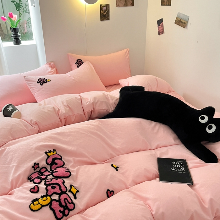 91家纺网 家纺一手货源 找家纺 耀达家居 2024新款ins毛巾绣水洗棉四件套 公主发财