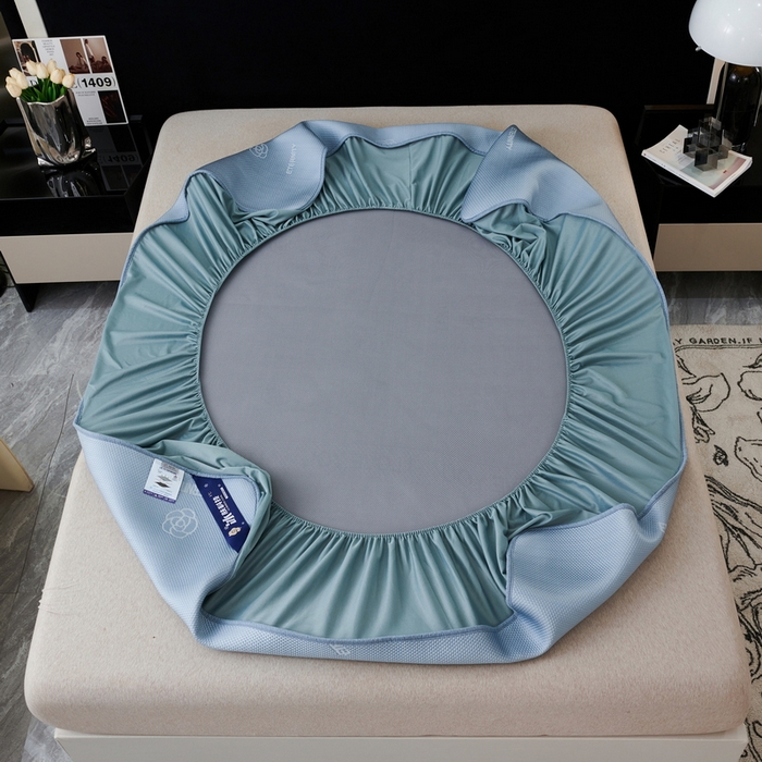 91家纺网 家纺一手货源 找家纺 宜派家纺 2024新款凉感丝刺绣凉席三件套 小花-蓝-床笠