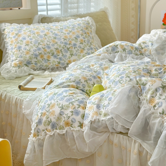 91家纺网 家纺一手货源 找家纺 淑女公社 2024春夏新款竹棉双层纱床裙款四件套-玫瑰庄园 玫瑰庄园 绿