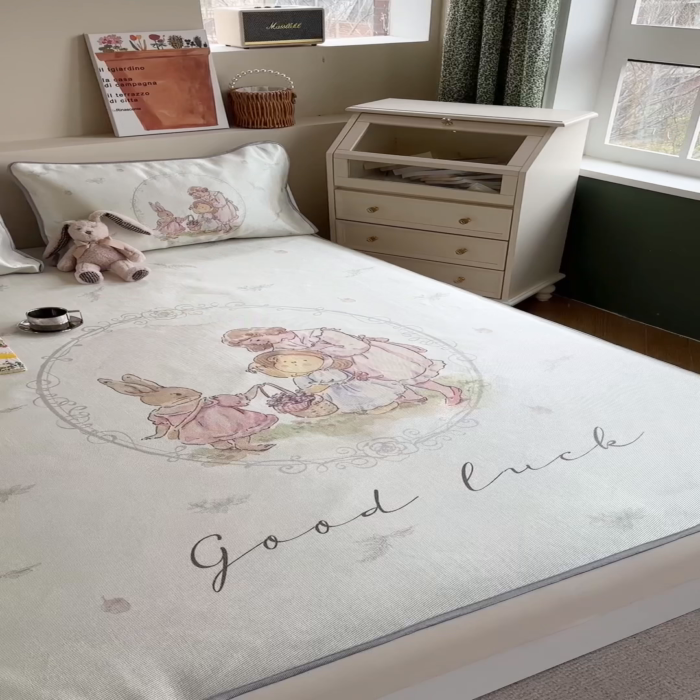 91家纺网 家纺一手货源 找家纺 萝莉家纺 2024新款大版印花冰丝凉席床席床笠款 去摘蓝莓吧-平席款