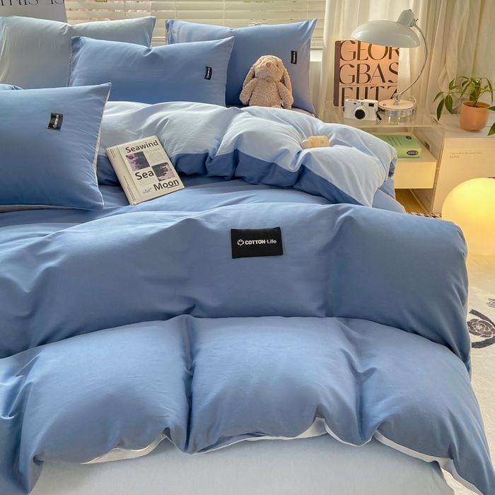 91家纺网 家纺一手货源 找家纺 黑马家居 2024新款双拼全棉四件套 宾利蓝+天蓝