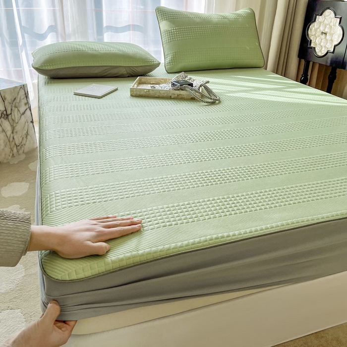 91家纺网 家纺一手货源 找家纺 全季家居 2024新款5A速冷PE简约系列凉豆豆席 格调-果绿-床笠款