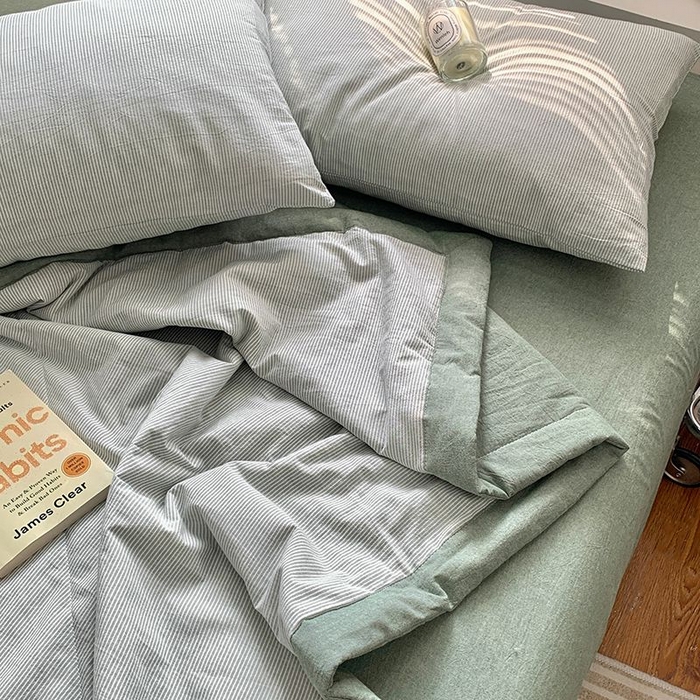 91家纺网 家纺一手货源 找家纺 水洗的故事2025新款A类色织水洗棉丝夏被四件套系列 密条绿