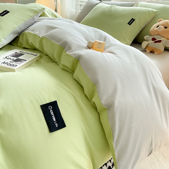 91家纺网 家纺一手货源 找家纺 黑马家居 2024新款双拼全棉四件套 豆绿+浅灰