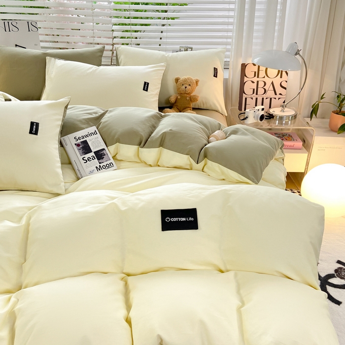 91家纺网 家纺一手货源 找家纺 黑马家居 2024新款双拼全棉四件套 奶白+灰绿