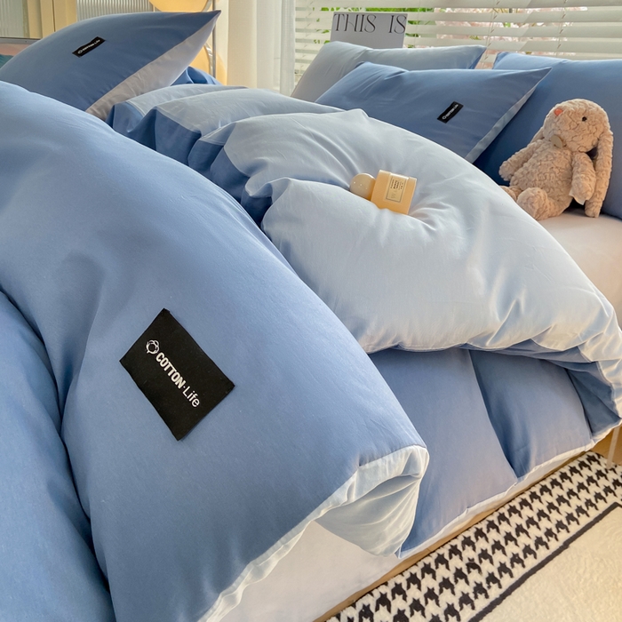 91家纺网 家纺一手货源 找家纺 黑马家居 2024新款双拼全棉四件套 宾利蓝+天蓝