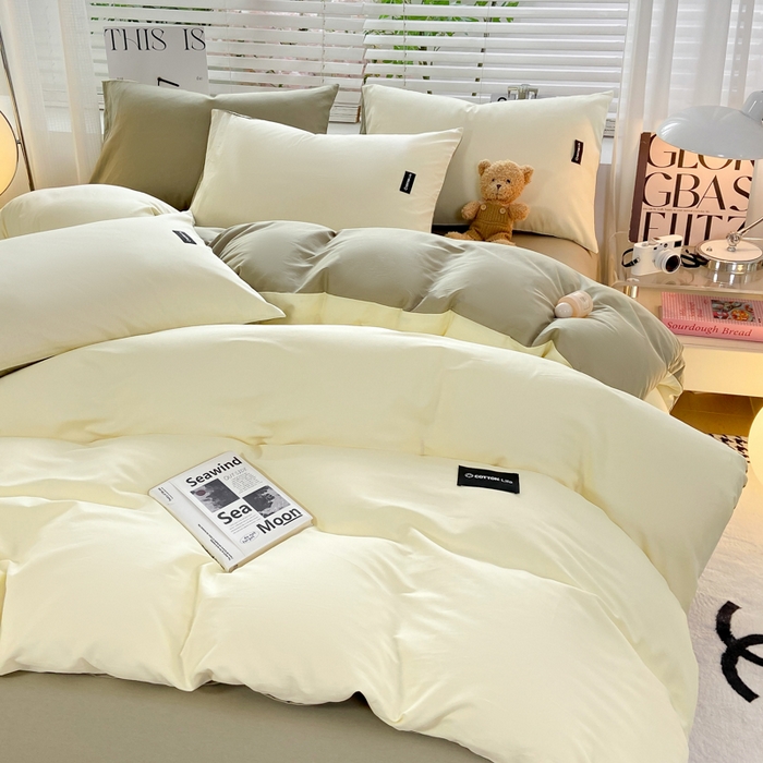 91家纺网 家纺一手货源 找家纺 黑马家居 2024新款双拼全棉四件套 奶白+灰绿