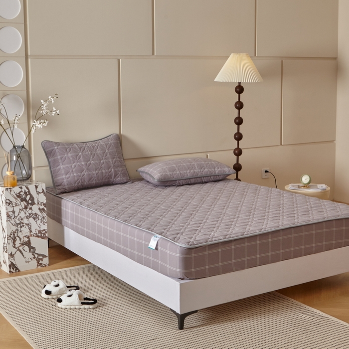 91家纺网 家纺一手货源 找家纺 杜先生 2024新款无印风水洗棉夹棉床笠 浅灰大格