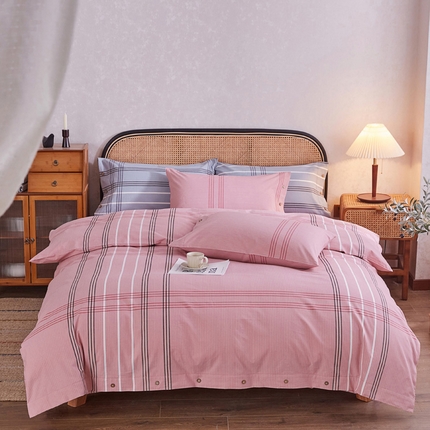 91家纺网 家纺一手货源 找家纺 金泰莱 2025新款32支精梳棉老粗布四件套全棉四件套纯棉四件套 大格-粉