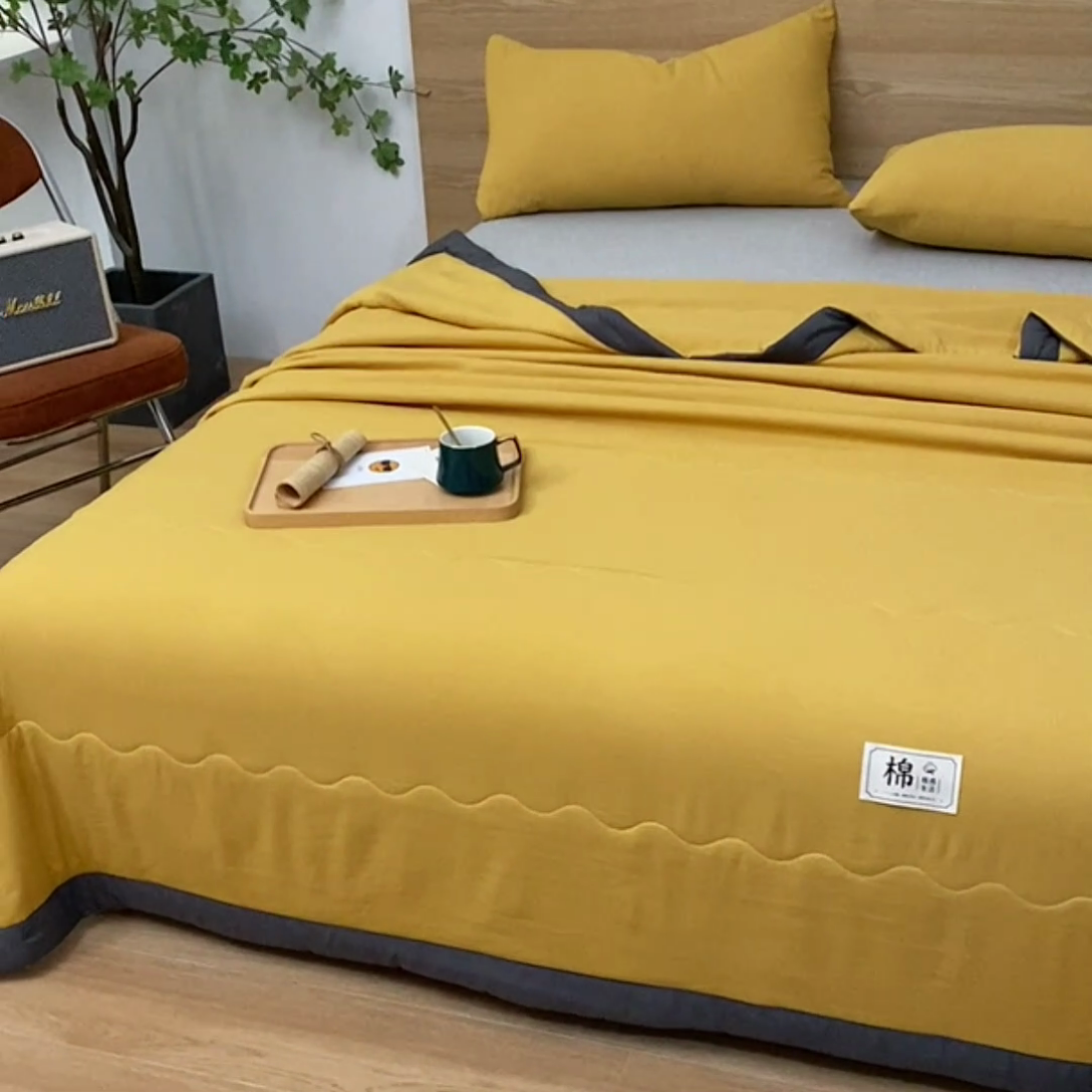 91家纺网 家纺一手货源 找家纺 猎鹿人家纺 2024新款纯色水洗棉纱棉花夏被 栀子黄