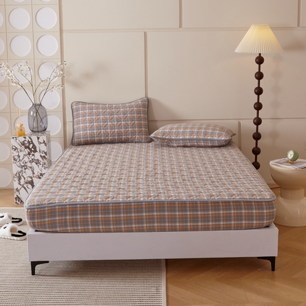 91家纺网 家纺一手货源 找家纺 杜先生 2024新款无印风水洗棉夹棉床笠 橙灰格