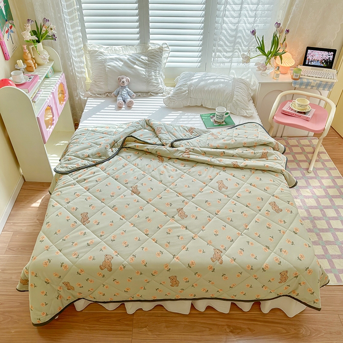 91家纺网 家纺一手货源 找家纺 琪格格纺织 2024新款A类卡通印花清新大豆针织夏被 200*230cm-夏被 针织被-花朵熊