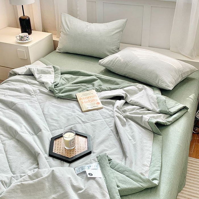 91家纺网 家纺一手货源 找家纺 水洗的故事2025新款A类色织水洗棉丝夏被四件套系列 密条绿